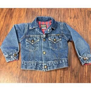 VTG Oshkosh B'gosh Denim Jean Jacket Red Plaid Fleece Flannel Lined 3T Toddler